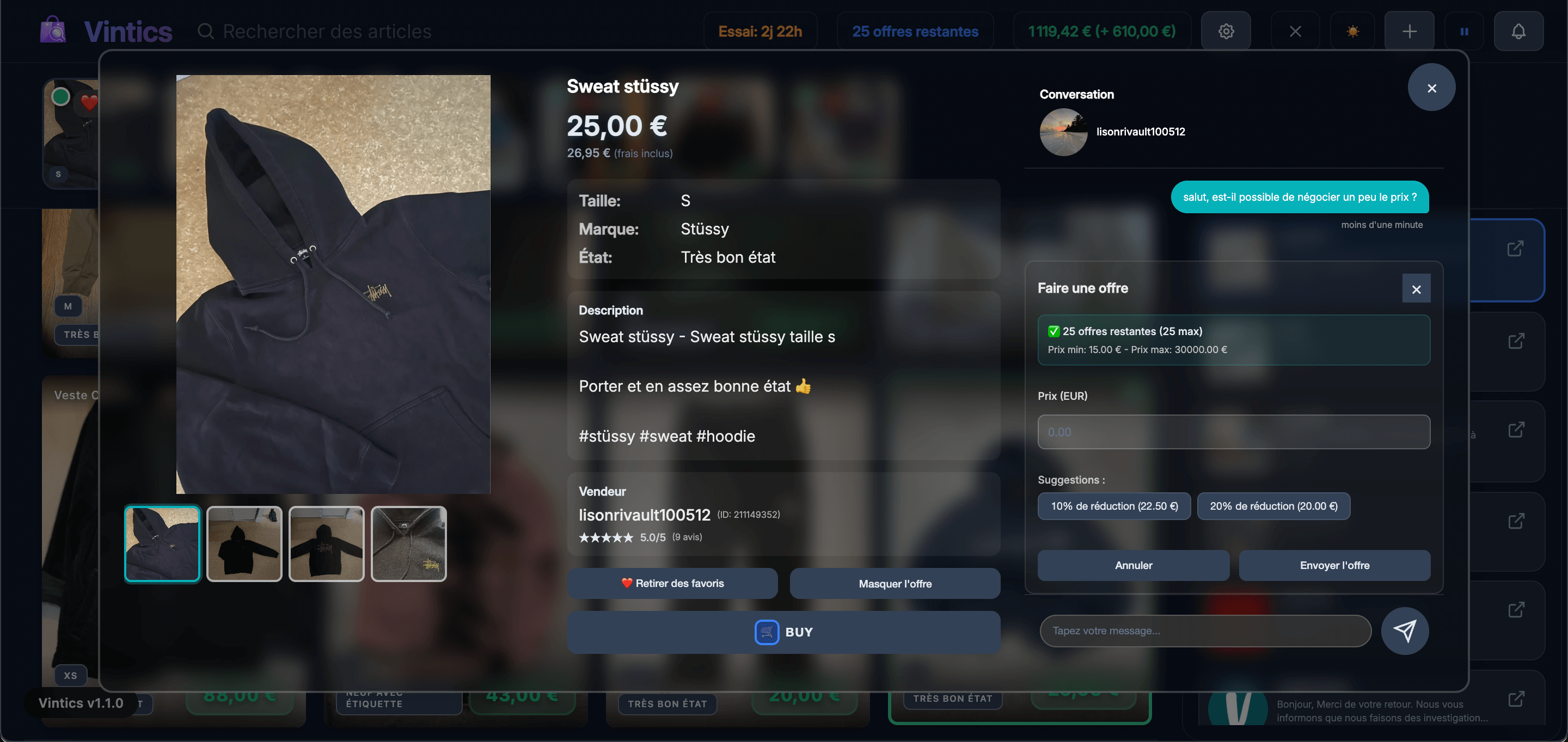 Détails d'Article - Visualisez tous les détails d'un article en un coup d'œil : photos, prix, messages associés, faire une offre, ajouter aux favoris, etc. - Extension Vintics pour Vinted