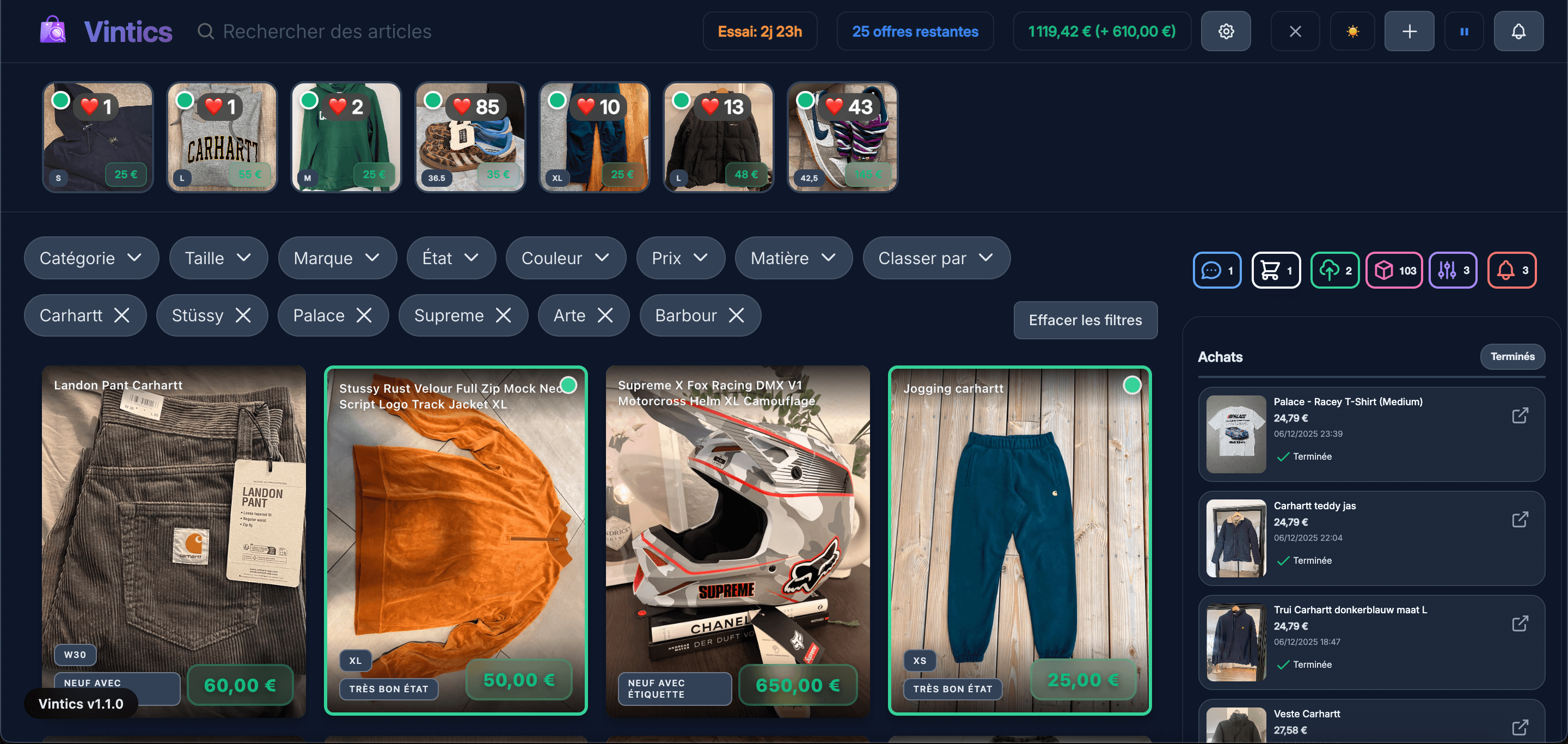 Interface Complète Vintics - Découvrez toutes les fonctionnalités : monitoring en temps réel, filtres avancés, gestion des offres - Extension Vintics pour Vinted